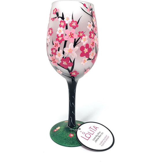 Enesco 6007483 Lolita Love My Wine J'aime Mon Vin Cherry Blossom Hand Painted 15Oz Long Stem Wine Glass, Mulitcolor, Multi-Colored