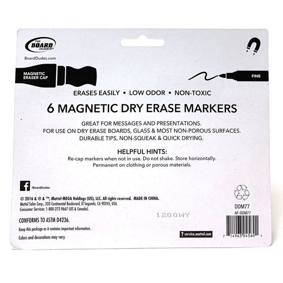 The Board Dudes DDM77-00 The Board Dudes Magnetic Eraser Cap 6 Magnetic Dry Erase Markers, Assorted Colors