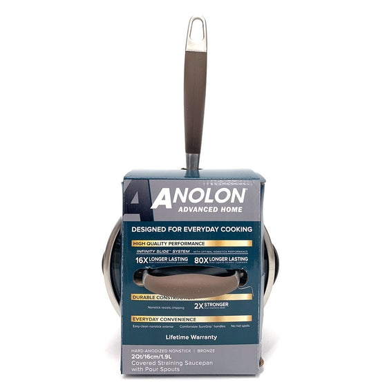 Anolon 84645 Advanced Home Qt Covered Straining Saucepan W/ Pour Spouts, Bronze