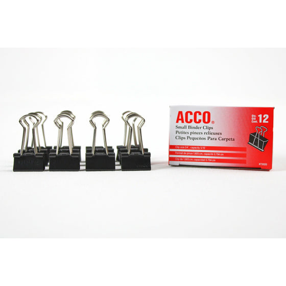 Acco Brands A7072020CS Acco Small Binder Clips 12-Count, Size 3/4" Capacity 5/16",, Black