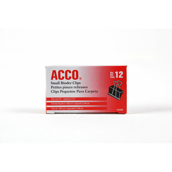 Acco Brands A7072020CS Acco Small Binder Clips 12-Count, Size 3/4" Capacity 5/16",, Black