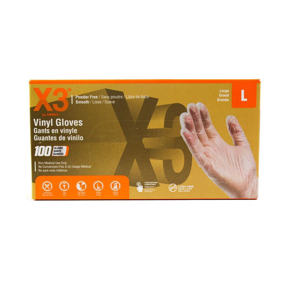 Ammex GPX346100 Gpx3 Industrial  Vinyl Gloves, 3 Mil, Size Large, Latex Free, Powder Free, Food Safe, Disposable, Non-Sterile,, Clear