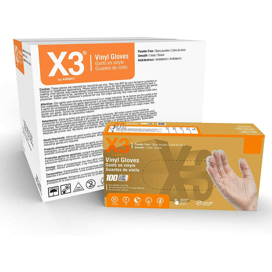 Ammex GPX346100 Gpx3 Industrial  Vinyl Gloves, 3 Mil, Size Large, Latex Free, Powder Free, Food Safe, Disposable, Non-Sterile,, 10-Pack, Clear