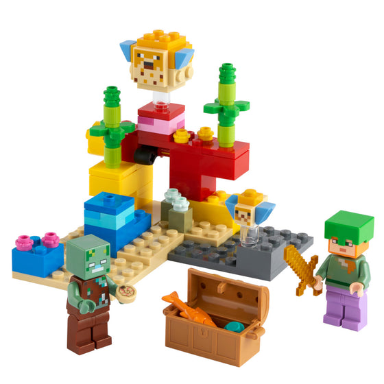 LEGO® 21164 Minecraft The Coral Reef Hands-On Minecraft Marine Toy Featuring Alex, A Drowned And 2 Cool Puffer Fish, New 2021 92 Pieces, Multi-Colored