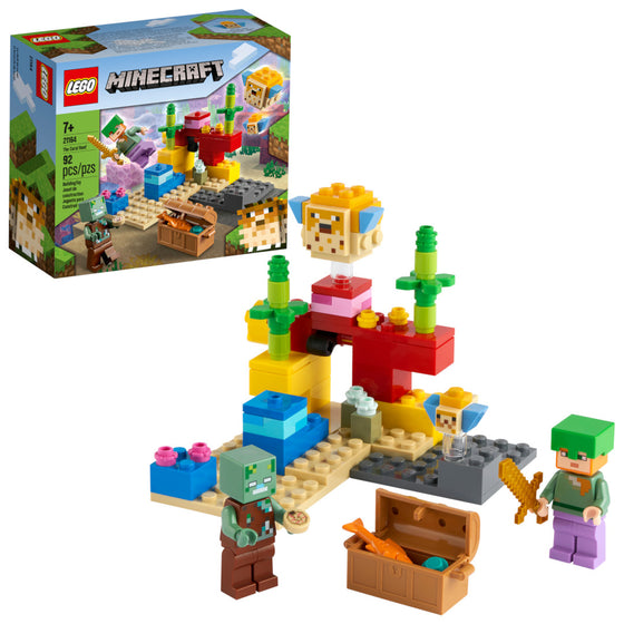LEGO® 21164 Minecraft The Coral Reef Hands-On Minecraft Marine Toy Featuring Alex, A Drowned And 2 Cool Puffer Fish, New 2021 92 Pieces, Multi-Colored