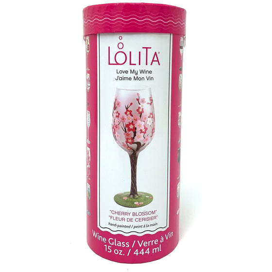 Enesco 6007483 Lolita Love My Wine J'aime Mon Vin Cherry Blossom Hand Painted 15Oz Long Stem Wine Glass, Mulitcolor, Multi-Colored