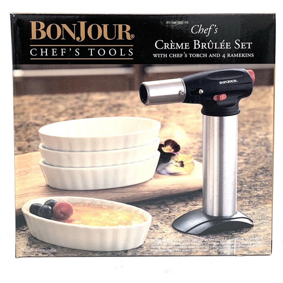 Bonjour 53489 Chef's Tools Butane Creme Brelee Torch And Porcelain Ramekin Set, 5-Piece, , One Size - 53489, Stainless Steel