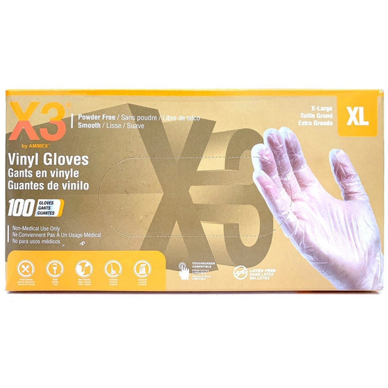 Ammex GPX348100 X3 Vinyl Powder Free Latex Free Gloves Extra Large Box Of 100 Gloves, Clear